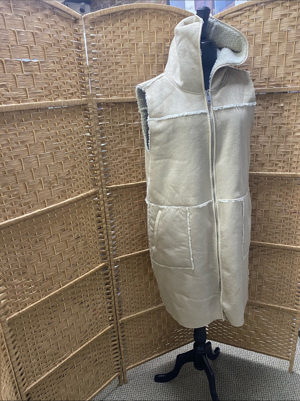 Frye Long Hooded Shearling Vest in Cream Suede